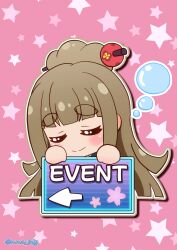 1girl arrow_(symbol) battle_girl_high_school blush brown_hair bubble closed_eyes closed_mouth english_text fujimiya_sakura hair_bun highres holding holding_sign long_hair nna_btg pink_background sign single_hair_bun sleeping sleeping_upright solo star_(symbol) thick_eyebrows twitter_username