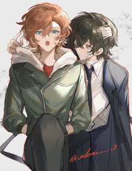 2boys absurdres bandage_over_one_eye bandaged_head bandaged_neck bandages bandaid bandaid_on_cheek bandaid_on_face black_coat black_hair black_necktie black_pants blue_eyes brown_hair bungou_stray_dogs chinese_commentary closed_mouth coat coat_on_shoulders collared_shirt dazai_osamu_(bungou_stray_dogs) green_jacket hair_between_eyes highres hood hoodie jacket long_sleeves looking_at_another looking_at_viewer male_focus multiple_boys nakahara_chuuya_(bungou_stray_dogs) necktie open_mouth orange_hair pants red_eyes red_shirt sakura-zero shirt short_hair signature simple_background twitter_username white_hoodie white_shirt yaoi