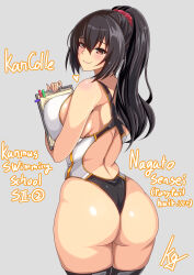 1girl absurdres ass black_hair black_one-piece_swimsuit black_thighhighs blush breasts brown_eyes clipboard closed_mouth commentary_request competition_swimsuit from_behind grey_background hair_between_eyes highleg highleg_one-piece_swimsuit highres holding holding_clipboard huge_ass kantai_collection kuga_zankurou large_breasts long_hair looking_at_viewer multicolored_swimsuit nagato_(kancolle) one-piece_swimsuit ponytail simple_background skindentation smile solo swimsuit thick_thighs thighhighs thighs very_long_hair white_one-piece_swimsuit