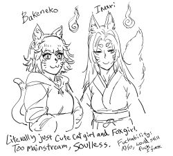 Rule 34 | 2girls, :3, animal ears, bakeneko, bb (baalbuddy), cat ears, cat tail, character name, closed eyes, closed mouth, commentary, english commentary, english text, facial mark, fox tail, greyscale, hands in opposite sleeves, highres, inari, long hair, monochrome, multiple girls, original, simple background, slit pupils, smi, smile, tail, traditional youkai, whisker markings, white background