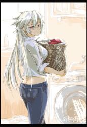 1girl ass butt_crack denim glasses highres jeans kantai_collection laundry musashi_(kancolle) musashi_kai_ni_(kancolle) pants seitei_(04seitei) smile tagme washing_machine