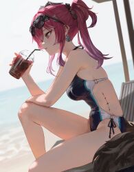 1girl alternate_costume bare_legs bare_shoulders black_bow blue_one-piece_swimsuit blue_sky bow breasts commentary cup day ddcc0123 disposable_cup drinking_straw earrings english_commentary eyewear_on_head hair_bow highres holding holding_cup jewelry legs long_hair looking_ahead lupa_(wuthering_waves) medium_breasts ocean one-piece_swimsuit outdoors parted_lips pink_hair sky solo sunglasses swimsuit tacet_mark_(wuthering_waves) thighs wuthering_waves yellow_eyes