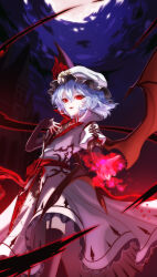 1girl absurdres bat_wings black_bridal_gauntlets black_thighhighs bridal_gauntlets dress evil_smile fang fingernails frilled_dress frills garter_straps gem gloves hair_between_eyes hand_on_own_chest hand_up hat hat_ribbon highres koumajou_densetsu lace lace-trimmed_gloves lace_trim looking_at_viewer merihari07 mob_cap moon nail_polish night night_sky outdoors parted_lips pink_hair puffy_short_sleeves puffy_sleeves red_eyes red_gemstone red_nails red_ribbon remilia_scarlet ribbon sharp_fingernails short_hair short_sleeves sky slit_pupils smile solo thighhighs touhou white_dress white_hat wings zettai_ryouiki