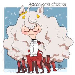 Rule 34 | 6+girls, ahoge, animal ears, big hair, biwa hayahide (umamusume), blush, chibi, chibi only, closed mouth, commentary request, full body, grey hair, horse ears, horse girl, jacket, long hair, multicolored jacket, multiple girls, no eyes, onikobe rin, pants, red-framed eyewear, red jacket, red pants, scientific name, standing, tracen training uniform, two-tone jacket, umamusume, v-shaped eyebrows, watermark, white jacket
