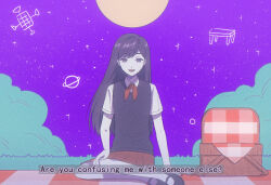 1girl :d arm_support black_shoes black_sweater_vest brown_skirt bskrf_vc bush collared_shirt commentary_request double-parted_bangs english_text film_grain grass hair_behind_ear hair_between_eyes hand_on_own_knee looking_at_viewer mari_(headspace)_(omori) mari_(omori) mary_janes miniskirt neckerchief omori open_mouth outdoors picnic_basket picnic_blanket pleated_skirt purple_eyes purple_hair purple_sky red_neckerchief shirt shoes short_sleeves sitting skirt sky smile solo straight_hair subtitled sun sweater_vest white_shirt yokozuwari