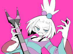 1girl :o bass_guitar blue_eyes game_freak hair_bobbles hair_ornament half-closed_eyes holding holding_instrument instrument long_sleeves looking_at_viewer massakasama multicolored_clothes nintendo open_mouth pink_background pokemon pokemon_bw2 roxie_(pokemon) short_hair simple_background solo spiked_hair striped teeth topknot upper_body upper_teeth_only v-shaped_eyebrows white_hair