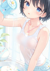 Rule 34 | 1girl, black hair, blue eyes, blue shorts, blur censor, blush, breasts, censored, censored nipples, collarbone, commentary request, cropped, denim, denim shorts, flower, hair between eyes, highres, indoors, jewelry, looking at viewer, medium breasts, necklace, open mouth, original, paid reward available, plant, potted plant, pouring, rebun, see-through clothes, shirt, short hair, shorts, solo, tank top, water, white tank top