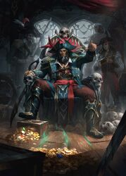 4boys beard black_boots black_hair black_hat blue_gemstone blue_hat blue_jacket boots brown_pants cutlass facial_hair gem green_gemstone hat highres holding holding_sword holding_weapon indoors jacket looking_at_viewer multiple_boys nathaniel_himawan original pants pirate pointing red_gemstone sitting skull standing sword throne treasure tricorne weapon