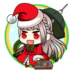 Rule 34 | 1girl, :d, aki usagi, alternate costume, bag, blush, brown hair, chibi, christmas, fate/grand order, fate (series), florence nightingale (fate), florence nightingale (santa) (fate), fur-trimmed jacket, fur trim, gift bag, hat, highres, holding, holding bag, jacket, long hair, long sleeves, meme, open mouth, padoru (meme), pants, red eyes, santa costume, santa hat, smile, solo
