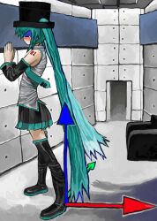 1girl 3d_origin =_= absurdres armchair black_boots black_hat black_skirt blobfishizzy blue_hair blue_nails blue_necktie blush boots ceiling_light chair closed_eyes closed_mouth collared_shirt door floating_neckwear from_side full_body gloom_(expression) grey_shirt hands_up hat hatsune_miku highres indoors jamiroquai long_hair meme necktie nose_blush number_tattoo open_door own_hands_together palms_together parody pleated_skirt profile shaded_face shirt shoulder_tattoo skirt solo standing tattoo tearing_up thigh_boots tie_clip tile_wall tiles top_hat twintails very_long_hair vocaloid xyz_axis