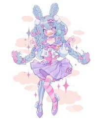 1girl absurdres asymmetrical_legwear blue_hair blue_thighhighs bow carrot choker collarbone commentary dated_commentary food_in_mouth full_body hair_bow hair_ears hair_ornament hairclip highres long_hair mismatched_legwear neckerchief original ozureiji pink_bow pink_eyes pink_neckerchief pink_thighhighs pleated_skirt pom_pom_(clothes) pom_pom_hair_ornament purple_bow purple_choker purple_sailor_collar purple_shoes purple_skirt quad_braids rabbit_hair_ornament sailor_collar sailor_shirt shirt shoes skirt solo striped_clothes striped_thighhighs symbol-only_commentary thighhighs tsurime very_long_hair w_arms white_background white_shirt yume_kawaii
