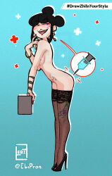 1girl absurdres arched_back armlet ass blush breasts covering_breasts covering_privates draw_this_in_your_style_challenge earrings ebi77 hair_bun hand_on_own_face high_heels highres jewelry leaning_forward looking_at_viewer medium_breasts nude original print_leggings pubic_tattoo sexually_suggestive simple_background smile speech_bubble syringe tattoo zhi_(ebi77)
