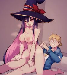 Rule 34 | 1boy, 1girl, absurdres, ass smack, blonde hair, blue jacket, breasts, commission, commissioner upload, completely nude, glasses, hat, highres, jacket, lamb-oic029, large breasts, mighty morphin power rangers, multicolored hair, nipples, nude, pink hair, power rangers, purple hair, reverse cowgirl position, sentai red ga isekai de boukensha ni naru, shirt, skeb commission, smile, straddling, two-tone hair, white shirt, william cranston, witch hat, yihdra arvoln