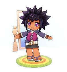 Rule 34 | 1girl, belt, black hair, black skirt, corset, dark-skinned female, dark skin, fangs, grey jacket, highres, jacket, looking at viewer, miniskirt, mirror, mysims, purple corset, purple eyes, rug, sandals, simscraper2, skirt, solo, spiked hair, white belt, yuki (mysims)