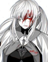 1girl blood blood_on_face braid euhage73 fate/grand_order fate_(series) hair_between_eyes half_up_braid highres long_hair looking_at_viewer monochrome morgan_le_fay_(fate) morgan_le_fay_(queen_of_winter)_(fate) ponytail simple_background solo spikes white_background white_hair