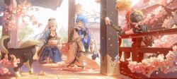 1girl 2boys absurdres amanmanmanx animal architecture armor ayaka_(genshin_impact) birthday black_dog blonde_hair blue_hair blue_skirt blunt_bangs brother_and_sister cake candle character_request check_character cherry_blossoms chinese_clothes chinese_commentary closed_mouth commentary_request confetti day dog drinking_straw earrings east_asian_architecture falling_petals flower food fruit genshin_impact gold grey_eyes hair_between_eyes hat highres jewelry kamisato_ayato kneeling lantern long_hair looking_at_another multiple_boys outdoors paper_lantern party_popper petals pink_flower profile railing red_ribbon ribbon rice_hat short_hair short_sleeves siblings sitting skirt smile socks strawberry tabi thoma_(genshin_impact) tray white_hair white_socks wide_sleeves wind
