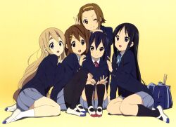 5girls absurdres akiyama_mio anime_coloring bag black_hair black_pantyhose black_socks blazer blonde_hair blue_bag blue_eyes blush brown_eyes brown_hair closed_mouth crossed_wrists double-parted_bangs drumsticks friends gradient_background grey_skirt hair_ornament hairband hairclip hand_on_another&#039;s_head hand_on_another&#039;s_shoulder happy highres hirasawa_yui ho-kago_tea_time horiguchi_yukiko jacket k-on! kneehighs kotobuki_tsumugi long_hair multiple_girls nakano_azusa official_art one_eye_closed open_mouth pantyhose photoshop_(medium) ribbon round_teeth sakuragaoka_high_school_uniform scan school_uniform shoes short_hair shoulder_bag sitting skirt smile socks split_mouth tainaka_ritsu teeth textless_version third-party_source twintails unworn_bag uwabaki v wariza white_shoes white_socks yellow_background yokozuwari