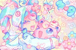 1girl 39 ;d ahoge alternate_color aqua_hair bug_miku_(project_voltage) cake colorful commentary crossover english_commentary fairy_miku_(project_voltage) flower food fusion gen_1_pokemon gen_7_pokemon hair_flower hair_ornament hat hatsune_miku heisei_retro highres holding holding_pokemon hue_shifting jigglypuff long_hair looking_at_viewer multicolored_hair musical_note neogeopet nintendo one_eye_closed open_mouth pink_hair pokemon pokemon_(creature) project_voltage ribombee school_uniform serafuku shiny_pokemon smile solo star_(symbol) treble_clef twintails two-tone_hair upper_body vocaloid yellow_background yume_kawaii