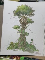 abandoned animal bird commentary_request dilapidated highres no_humans original overgrown painting_(medium) photo_(medium) plant post-apocalypse ruins scenery signature tokyogenso tower traditional_media tree vines watercolor_(medium)