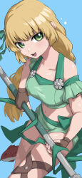 Rule 34 | 1girl, aaaakunaaaa, absurdres, aqua background, bikini, blonde hair, blush, breasts, brown gloves, collarbone, commentary request, fingerless gloves, fire emblem, fire emblem: three houses, fire emblem heroes, gloves, green bikini, green eyes, green ribbon, hair ribbon, highres, holding, holding polearm, holding weapon, ingrid brandl galatea, ingrid brandl galatea (summer), long hair, medium breasts, navel, nintendo, official alternate costume, open mouth, polearm, ribbon, simple background, smile, solo, spear, sweatdrop, swimsuit, teeth, thighs, upper teeth only, very long hair, weapon
