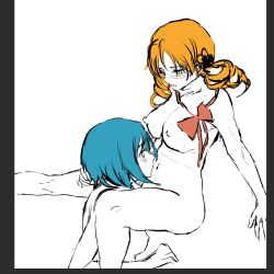 2girls between_legs blonde_hair blue_hair bow bowtie breasts completely_nude drill_hair llbzqsj long_hair looking_at_another looking_at_viewer mahou_shoujo_madoka_magica medium_breasts medium_hair miki_sayaka multiple_girls nude red_bow red_bowtie tomoe_mami twin_drills yellow_eyes