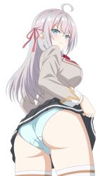 1girl absurdres alisa_mikhailovna_kujou angry ass black_skirt blazer blue_panties breasts closed_mouth clothes_lift commentary from_behind grey_hair grey_jacket highres jacket large_breasts lifting_own_clothes long_hair looking_at_viewer panties school_uniform seiren_academy_school_uniform senor_h simple_background skirt skirt_lift solo tank_top thighs tokidoki_bosotto_roshia-go_de_dereru_tonari_no_alya-san underwear variant_set white_background white_tank_top