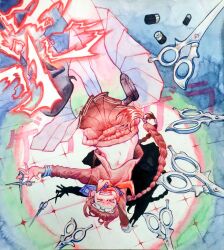 &gt;_&lt; 1girl alternate_hair_color battery body_writing braid danganronpa:_trigger_happy_havoc danganronpa_(series) electricity eyewear_on_head faux_traditional_media feet_out_of_frame floating floating_hair floating_object foreshortening from_above fukawa_toko genocider_shou glasses hair_floating_upwards hamuseutta handstand holding holding_scissors holster long_hair long_sleeves low_twin_braids neckerchief open_mouth red_hair red_neckerchief red_serafuku red_shirt red_skirt round_eyewear school_uniform scissors serafuku shadow sharp_teeth shirt skirt smile solo spotlight stomach tally taser teeth thigh_holster tile_floor tiles twin_braids upside-down watercolor_effect