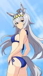 1girl absurdres ahoge alternate_costume animal_ears ass bare_shoulders bikini blue_bikini blue_sky blush breasts closed_mouth commentary cowboy_shot day ear_ornament grey_hair hair_between_eyes hair_ornament hands_on_own_hips highres horse_ears horse_girl horse_tail kiyosuke_(kiyosuke023) light_frown looking_to_the_side medium_breasts multicolored_hair oguri_cap_(umamusume) outdoors side-tie_bikini_bottom sky solo streaked_hair swimsuit tail tan tanline umamusume