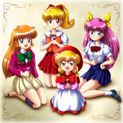 1990s_(style) 4girls ai_tenshi_densetsu_wedding_peach akazukin_chacha blonde_hair blue_eyes bow brown_eyes chacha chacha_(akazukin_chacha) company_connection crossover flower hanasaki_momoko haneoka_meimi highres hood kaitou_saint_tail long_hair mimimix moriya_ririka multiple_crossover multiple_girls nurse_angel_ririka_sos olm orange_hair pink_hair ponytail retro_artstyle school_uniform studio_gallop tms_entertainment yellow_bow