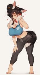 1girl absurdres alternate_costume animal_ear_fluff animal_ears barefoot black_choker black_hair black_pants blue_sports_bra breasts choker cleavage closed_mouth commentary crossed_bangs double-parted_bangs english_commentary full_body glasses grey_background hair_bun hair_ornament hairclip hand_on_own_knee highres hololive large_breasts leaning_forward looking_at_viewer midriff multicolored_hair navel ookami_mio pants rectangular_eyewear red_hair semi-rimless_eyewear sidelocks simple_background single_hair_bun solo sports_bra standing streaked_hair tail varniskarnis virtual_youtuber wiping_sweat wolf_ears wolf_girl wolf_tail wristband yellow_eyes yoga_pants