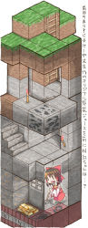 1girl 4koma block_(object) bow brown_hair candle cave comic detached_sleeves dollar_sign door dungeon explosive female_focus game gold grass hair_ribbon hair_tubes hakurei_reimu japanese_clothes ladder miko minecraft money-shaped_pupils open_mouth parody ribbon rock smile soil stairs symbol-shaped_pupils tnt tnt_block_(minecraft) torch touhou zuizou
