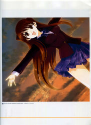 10s 1girl absurdres blazer brown_eyes brown_hair female_focus highres jacket long_hair nakamura_takeshi non-web_source ogiso_setsuna open_mouth pleated_skirt ribbon school_uniform skirt sky smile solo sunset white_album_(series) white_album_2