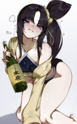 1girl absurdres bare_legs bikini black_hair blue_bikini blue_eyes blush bottle breasts deko_morii drunk fate/grand_order fate_(series) feet_out_of_frame hair_bun highres holding holding_bottle jacket legs long_hair medium_breasts revision sake_bottle side_ponytail simple_background single_hair_bun single_side_bun smile solo squeans swimsuit ushiwakamaru_(fate) ushiwakamaru_(fate/grand_order) ushiwakamaru_(swimsuit_assassin)_(fate) ushiwakamaru_(swimsuit_assassin)_(first_ascension)_(fate) white_background yellow_jacket