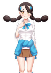 1girl black_hair blue_bow blue_bowtie blue_sweater blush bow bowtie breasts brown_skirt candice_(pokemon) closed_mouth clothes_around_waist collared_shirt commentary_request els_(ljhlee12) eyelashes hand_up highres kneehighs knees korean_commentary long_hair medium_breasts multi-tied_hair nintendo pleated_skirt pokemon pokemon_dppt shiny_skin shirt simple_background skirt smile socks solo sweater sweater_around_waist twintails white_background white_shirt