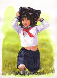 Rule 34 | 1girl, bag, black hair, bow, brown eyes, grass, highres, kanai kiyoaki, navel, pink ribbon, pleated skirt, red bow, ribbon, school bag, school uniform, shirt, skirt, traditional media, white shirt