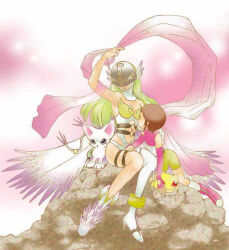 Rule 34 | angel, angel girl, angewomon, animal ears, cat, cat ears, digimon, digimon (creature), gloves, head wings, holy ring, long hair, mask, nyaromon, tail, tailmon, wings, yagami hikari