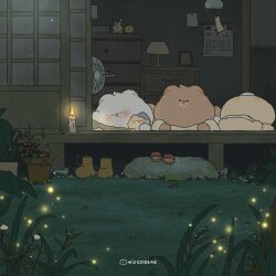 animal architecture artist_name bear boots calendar_(object) candle chibi commentary east_asian_architecture electric_fan fireflies flower glowing grass highres interior kocobear lamp lying night no_humans original outdoors picture_frame plant potted_plant rock sandals scenery sleeping solid_circle_eyes symbol-only_commentary