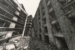 apartment balcony building concrete day destruction graphite_(medium) greyscale highres ibsukionsen light monochrome no_humans original railing rubble ruins scenery shadow stairs sunlight traditional_media window wooden_beam