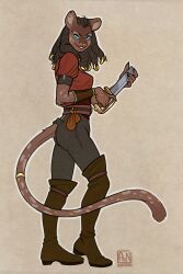 absurdres animal_ears artist_logo black_hair blue_eyes boots brown_boots cat_ears cat_girl cat_tail commentary commission eldstunga english_commentary from_side full_body furry furry_female grey_pants highres holding holding_knife khajiit knee_boots knife logo pants red_shirt shirt smile standing tail tail_ornament tail_ring the_elder_scrolls the_elder_scrolls_v:_skyrim