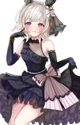 1girl animal_ears black_dress black_gloves blush bow breasts commentary_request cowboy_shot curren_chan_(sakutsuki_ma_cherie)_(umamusume) curren_chan_(umamusume) dress ear_covers ear_ornament elbow_gloves gloves grey_hair hanamura_pink highres horse_ears horse_girl horse_tail medium_breasts official_alternate_costume pink_bow purple_eyes short_hair simple_background single_bare_shoulder smile solo tail teeth umamusume white_background