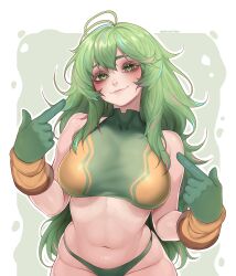 Rule 34 | 1girl, absurdres, bikini, boku no hero academia, breasts, closed mouth, colored eyelashes, commentary, english commentary, eternalchan, gloves, green bikini, green eyes, green gloves, green hair, hagakure toru, highres, large breasts, long hair, looking at viewer, multicolored hair, navel, pink hair, pointing, pointing at self, solo, swimsuit, unusually visible