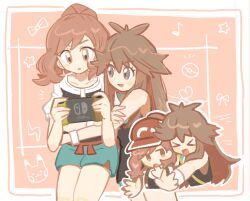 &gt;_&lt; 2girls :d :o black_shirt blue_shorts brown_eyes brown_hair elaine_(pokemon) gen_1_pokemon green_(pokemon) han0579 handheld_game_console hat highres holding holding_handheld_game_console hug looking_at_another multiple_girls multiple_views musical_note nintendo nintendo_switch open_mouth pikachu poke_ball pokemon pokemon_lgpe red_hat shirt short_sleeves shorts sleeveless sleeveless_shirt smile star_(symbol) wristband xd yuri