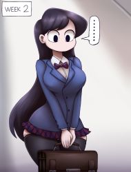 ... 1girl ass_expansion bag black_eyes black_hair black_thighhighs breasts constricted_pupils cowboy_shot curvy grey_background highres jacket komi-san_wa_komyushou_desu komi_shouko large_breasts long_hair long_sleeves looking_down metachoke miniskirt no_mouth pleated_skirt school_bag school_uniform simple_background skirt solo standing thick_thighs thighhighs thighs wide_hips