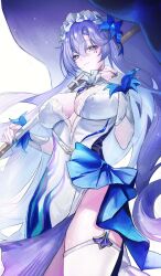 Rule 34 | 1girl, blue eyes, blue flower, breasts, cantarella (wuthering waves), commentary, cowboy shot, dress, facial mark, fingernails, flower, hair between eyes, hair flower, hair ornament, hand up, hashtag-only commentary, headdress, highres, large breasts, long hair, manche5ter, mark under eye, nail polish, purple hair, purple nails, solo, thighhighs, thighs, very long hair, white dress, white thighhighs, wuthering waves
