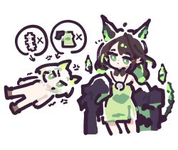 294_(ranaga) 2girls anger_vein angry arknights black_hair chibi clothes_theft green_eyes green_hair kal&#039;tsit_(arknights) looking_at_another looking_back lying medium_hair mon3tr_(arknights) multicolored_hair multiple_girls no_genitals nude on_back theft trembling very_long_sleeves white_background
