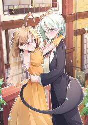 2girls absurdres ahoge airenif alternate_costume arms_around_neck blush brown_hair butler cecilia_immergreen colored_inner_hair doll_joints dress female_butler formal_clothes gigi_murin gloves green_eyes green_hair grey_hair highres hololive hololive_english joints looking_at_viewer multicolored_hair multiple_girls outdoors pink_eyes short_hair smile streaked_hair suit tail terrace two-tone_hair veil virtual_youtuber winding_key yuri