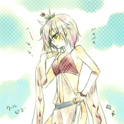 1girl argyle_clothes argyle_dress ark_kan belt blue_background blue_belt breasts commentary_request cowboy_shot detached_sleeves dress flower flower_on_head glasses green_eyes grey_hair looking_afar lowres medium_breasts open_mouth ragnarok_online red_flower see-through_clothes see-through_dress short_hair sleeveless sleeveless_dress solo sorcerer_(ragnarok_online) white_dress white_sleeves
