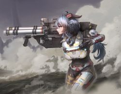 1girl adapted_costume ahoge armor black_bodysuit blue_hair bodysuit ganyu_(genshin_impact) genshin_impact goat_horns halo:_reach halo_(game) halo_(series) highres horns long_hair low_ponytail m41_spnkr ponytail power_armor power_suit ritskyz rocket_launcher solo spartan_(halo) standing weapon