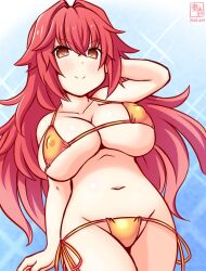 Rule 34 | 1girl, alternate costume, artist logo, bikini, blue background, blush, breasts, collarbone, dated, gold bikini, gradient background, hair between eyes, kanon (kurogane knights), kantai collection, large breasts, logo, long hair, looking at viewer, navel, one-hour drawing challenge, phoenix (kancolle), red eyes, red hair, smile, solo, swimsuit