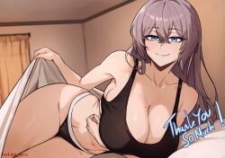 Rule 34 | 1girl, alternate costume, alternate hairstyle, arm under breasts, armpits, azur lane, bare shoulders, bedroom, black bra, black panties, blue eyes, bra, breasts, cleavage, collarbone, commission, crossed bangs, curtains, grey hair, hair between eyes, hair down, highres, intrepid (azur lane), jewelry, large breasts, lifting covers, long hair, looking at viewer, lying, midriff, mole, mole on breast, nokaa aru, on bed, on side, panties, ring, sideboob, sidelocks, signature, smile, thighs, underwear, wedding ring, wide hips